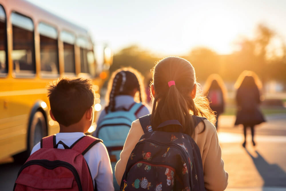 Schulkinder mit Rucksäcken laufen morgens bei Sonnenschein auf einen gelben Bus zu, bereit für die sichere Fahrt der Schulklasse Bruchsal